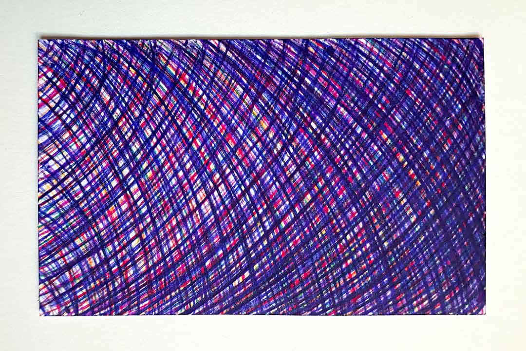 Histoires de lignes, oeuvre viviane rabaud, lignes au stylo bic bleu rouge violet jaune