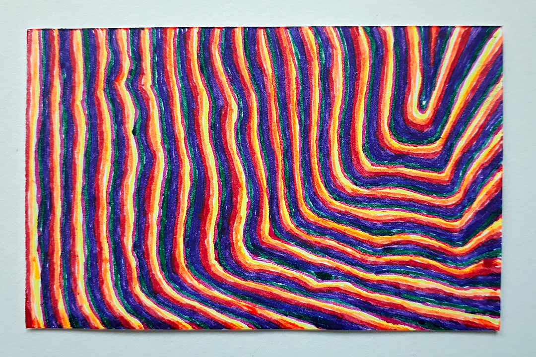 Histoires de lignes, oeuvre viviane rabaud, lignes au stylo bic bleu rouge violet jaune