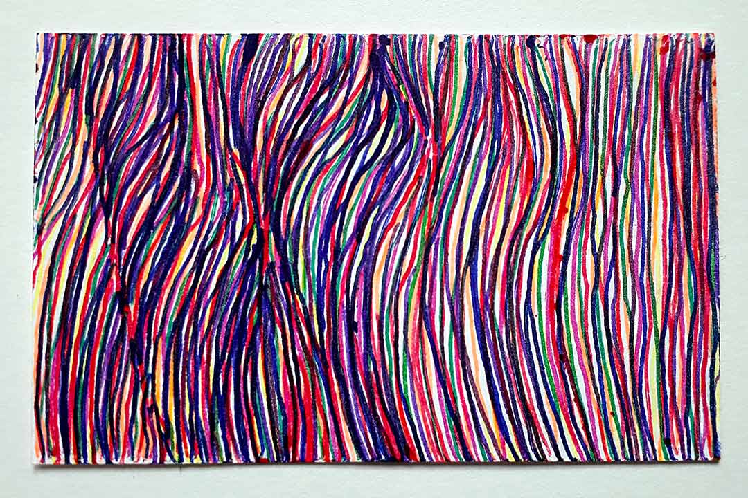 Histoires de lignes, oeuvre viviane rabaud, lignes au stylo bic bleu rouge violet jaune