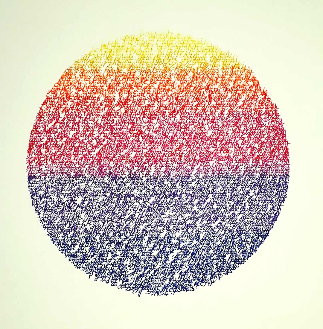 ecriture manuscrite du texte du chef indien Seattle, en rond et dégradé de couleurs, viviane rabaud, stylo bic