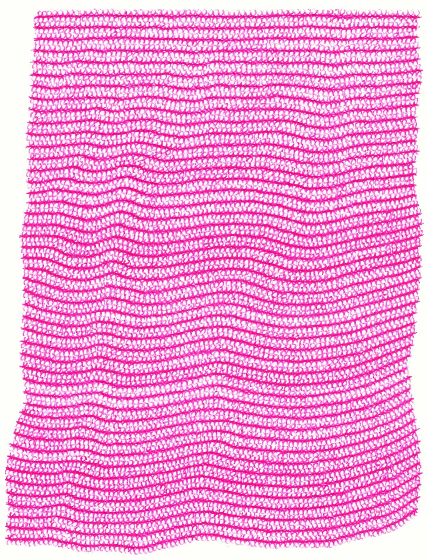 Histoires de lignes, oeuvre viviane rabaud, dessin au stylo bic rose représentant une étoffe, motif boucles