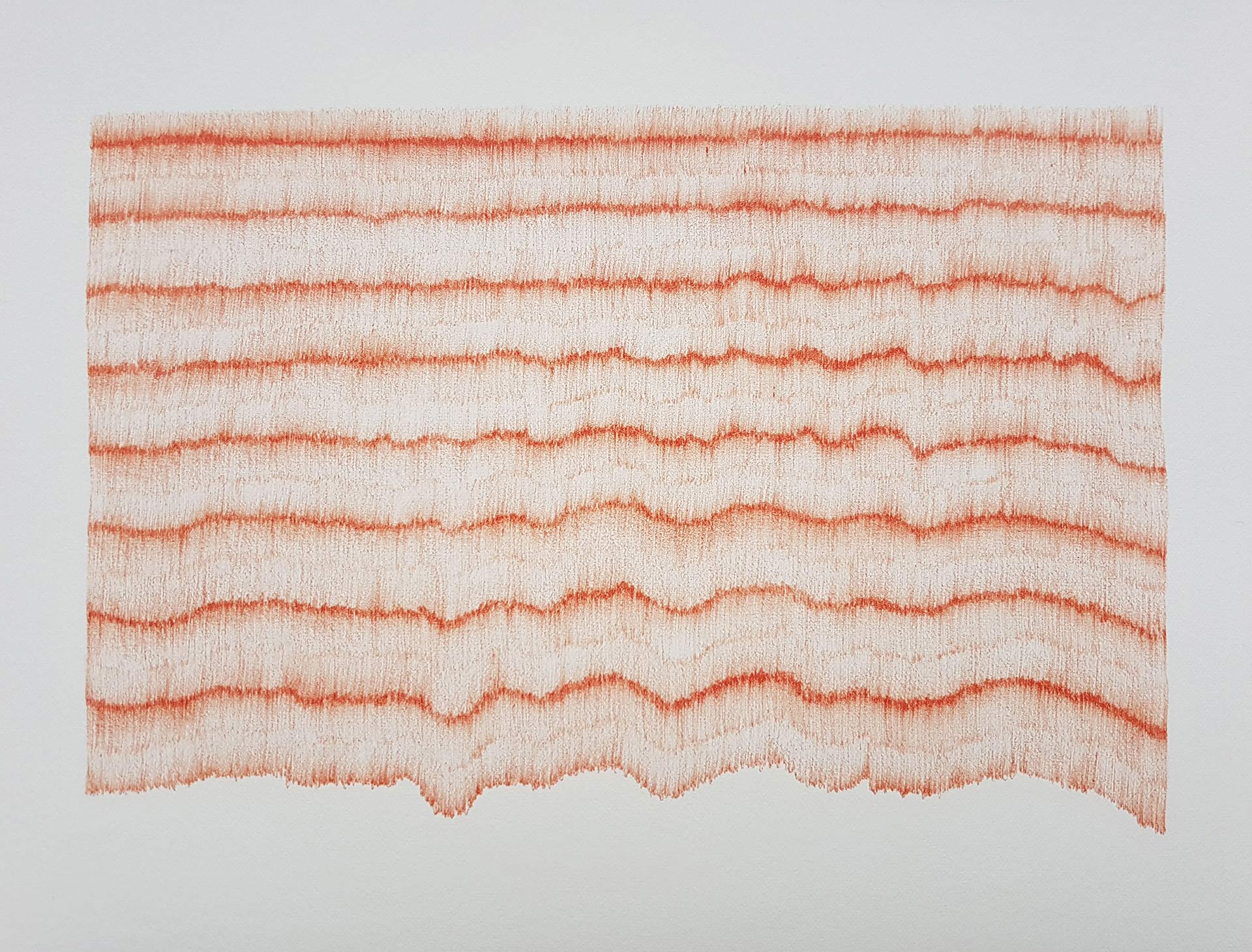 Lignes, oeuvre viviane rabaud, dessin au stylo à bille orange représentant une étoffe, motif traits verticaux