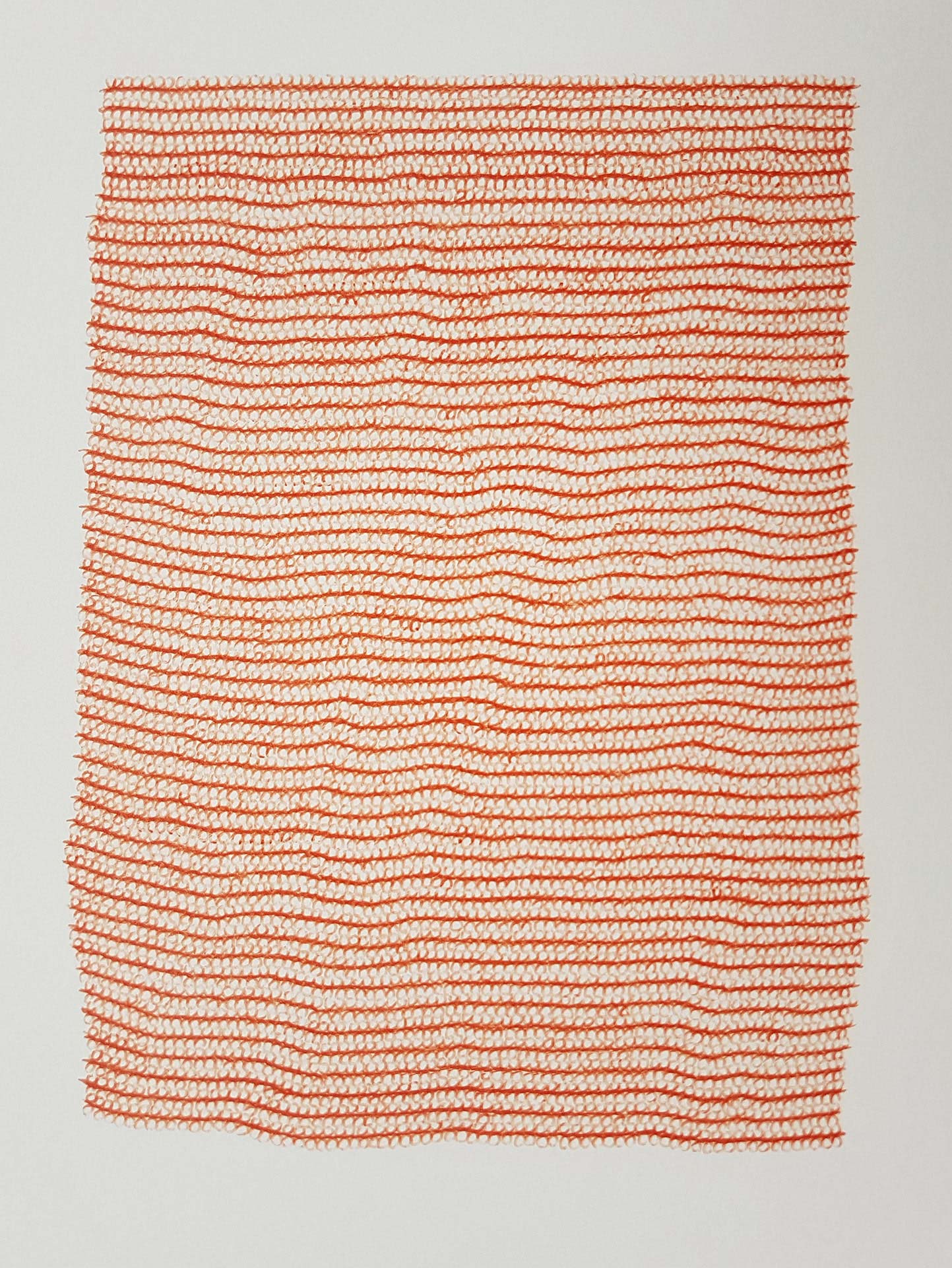 Lignes, oeuvre viviane rabaud, dessin au stylo bic orange représentant une étoffe, motif boucles