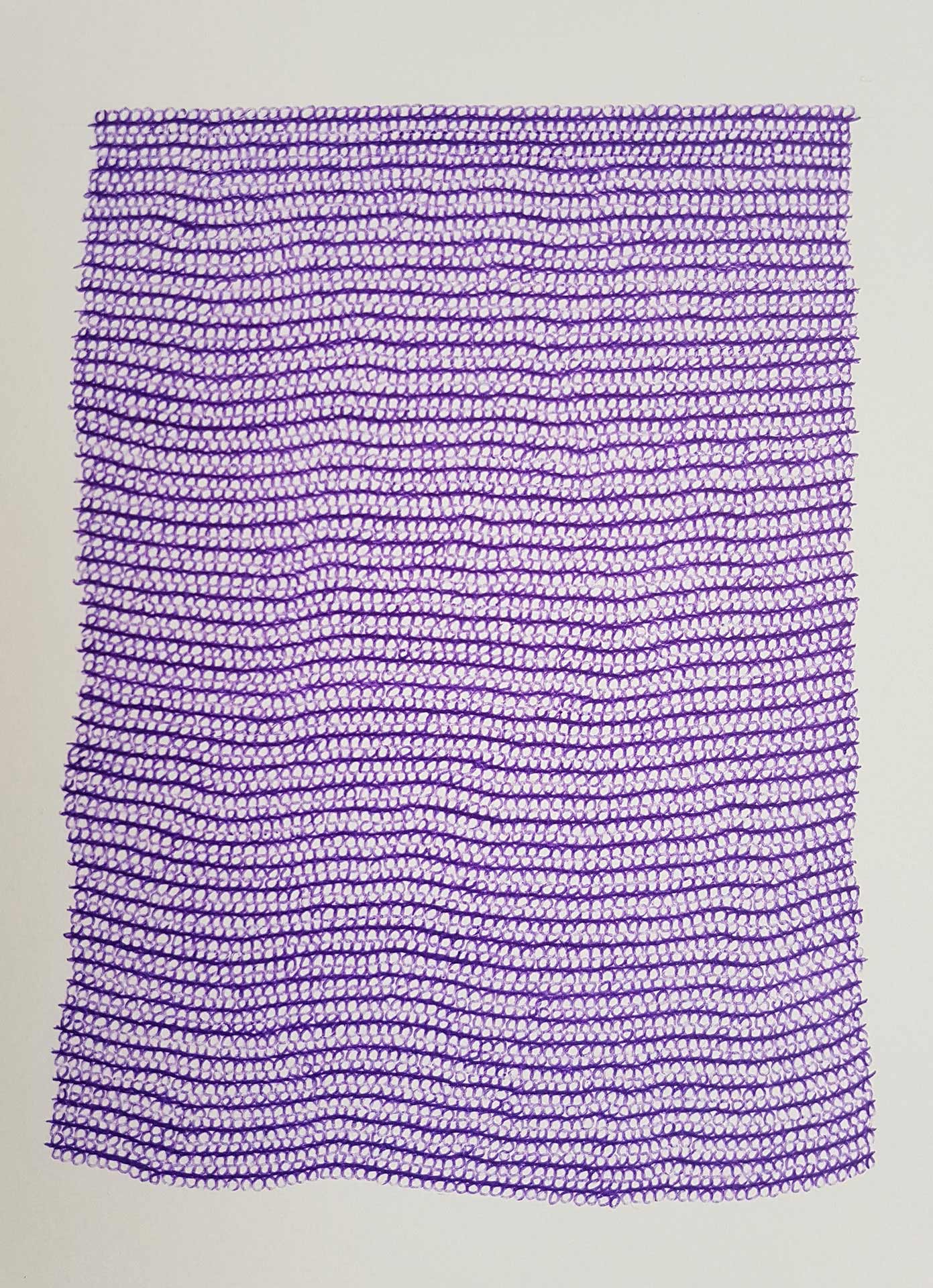 Lignes, oeuvre viviane rabaud, dessin au stylo à bille violet représentant une étoffe, motif boucles