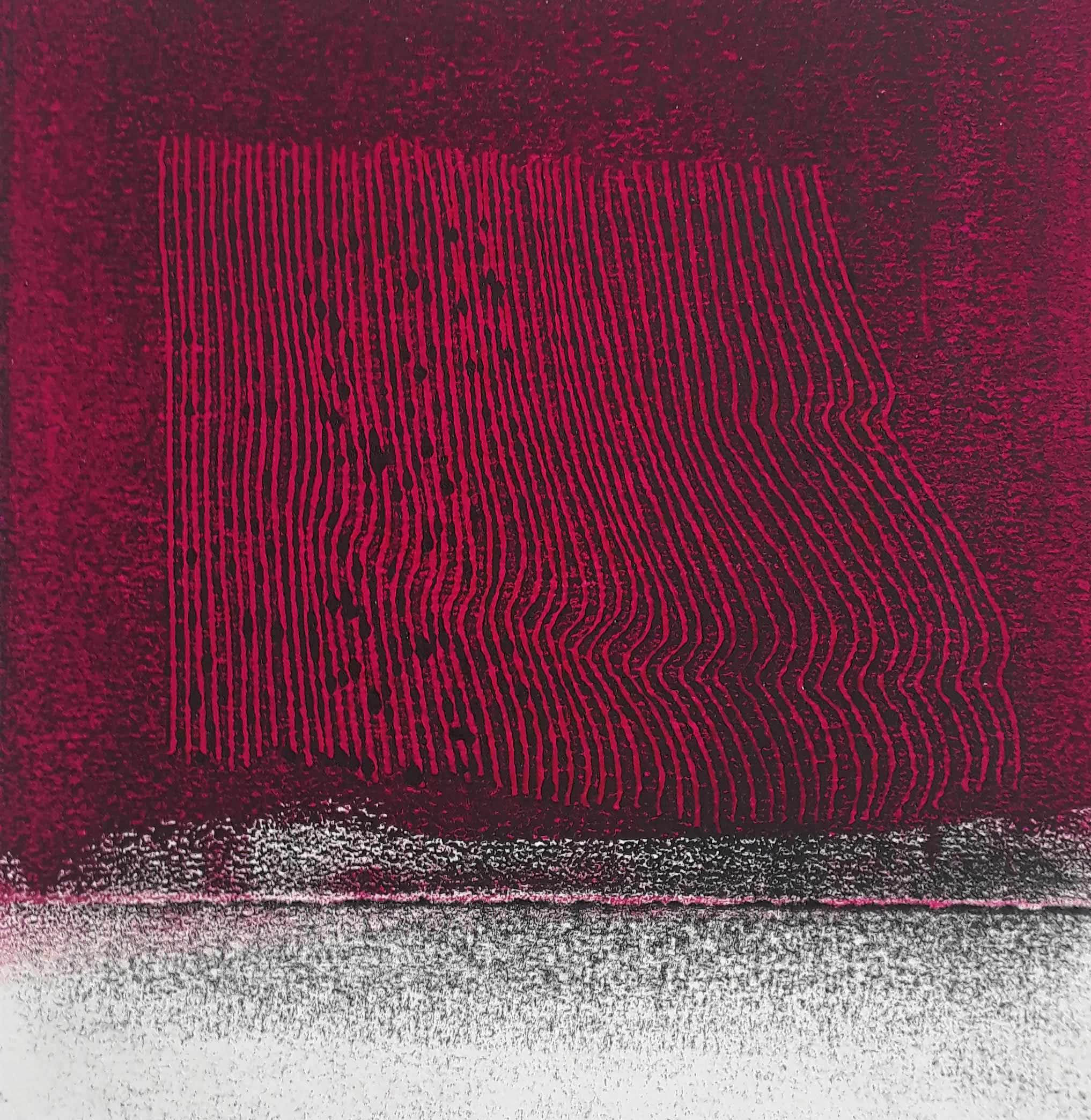 Lignes, oeuvre viviane rabaud, encre, estampe, lignes noires sur fond rouge, noir et blanc