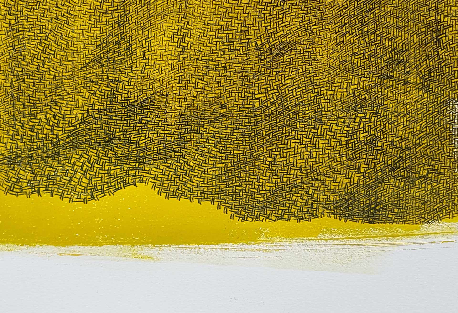Lignes, oeuvre viviane rabaud, encre, estampe, lignes noires sur fond jaune et blanc