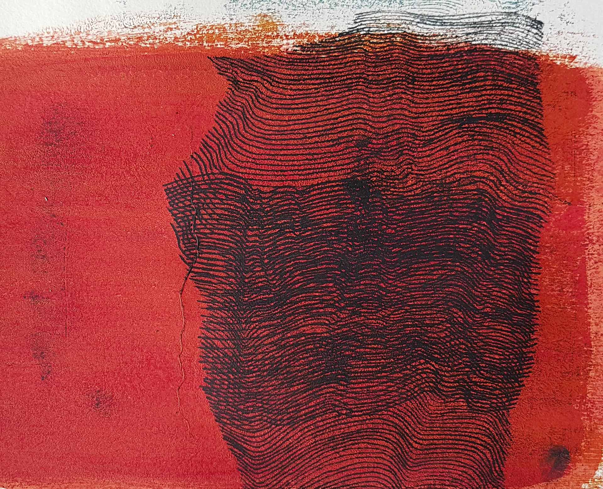 Lignes, oeuvre viviane rabaud, encre, estampe, lignes noires sur fond rouge et blanc
