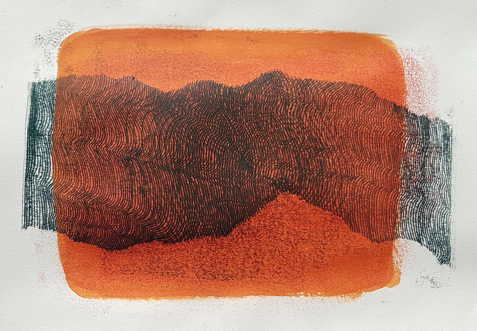 Lignes, oeuvre viviane rabaud, encre, estampe, lignes noires sur fond orange et blanc