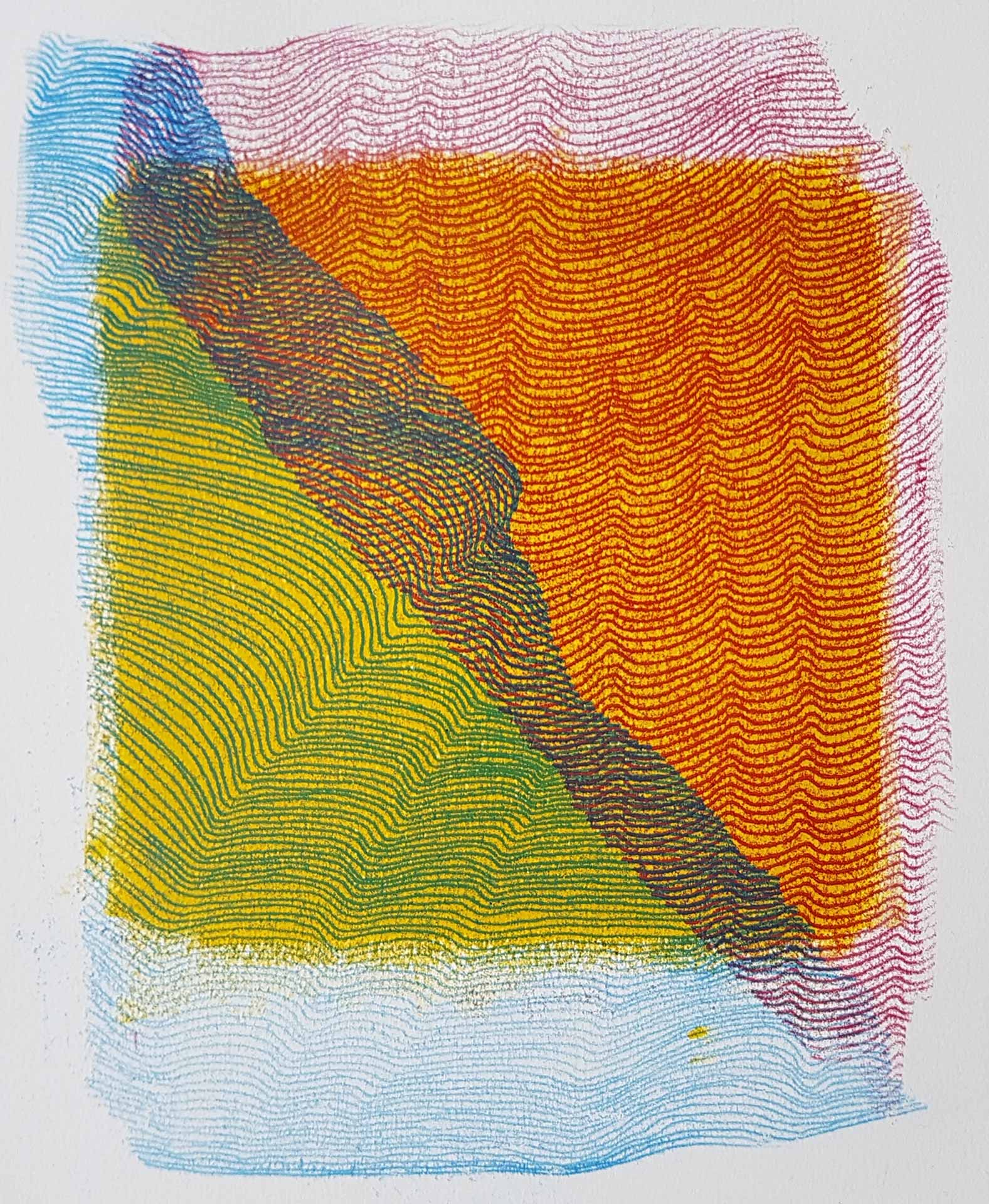 croisement en diagonale de lignes bleues et de lignes rouges, sur fond jaune et blanc, oeuvre viviane rabaud, estampe