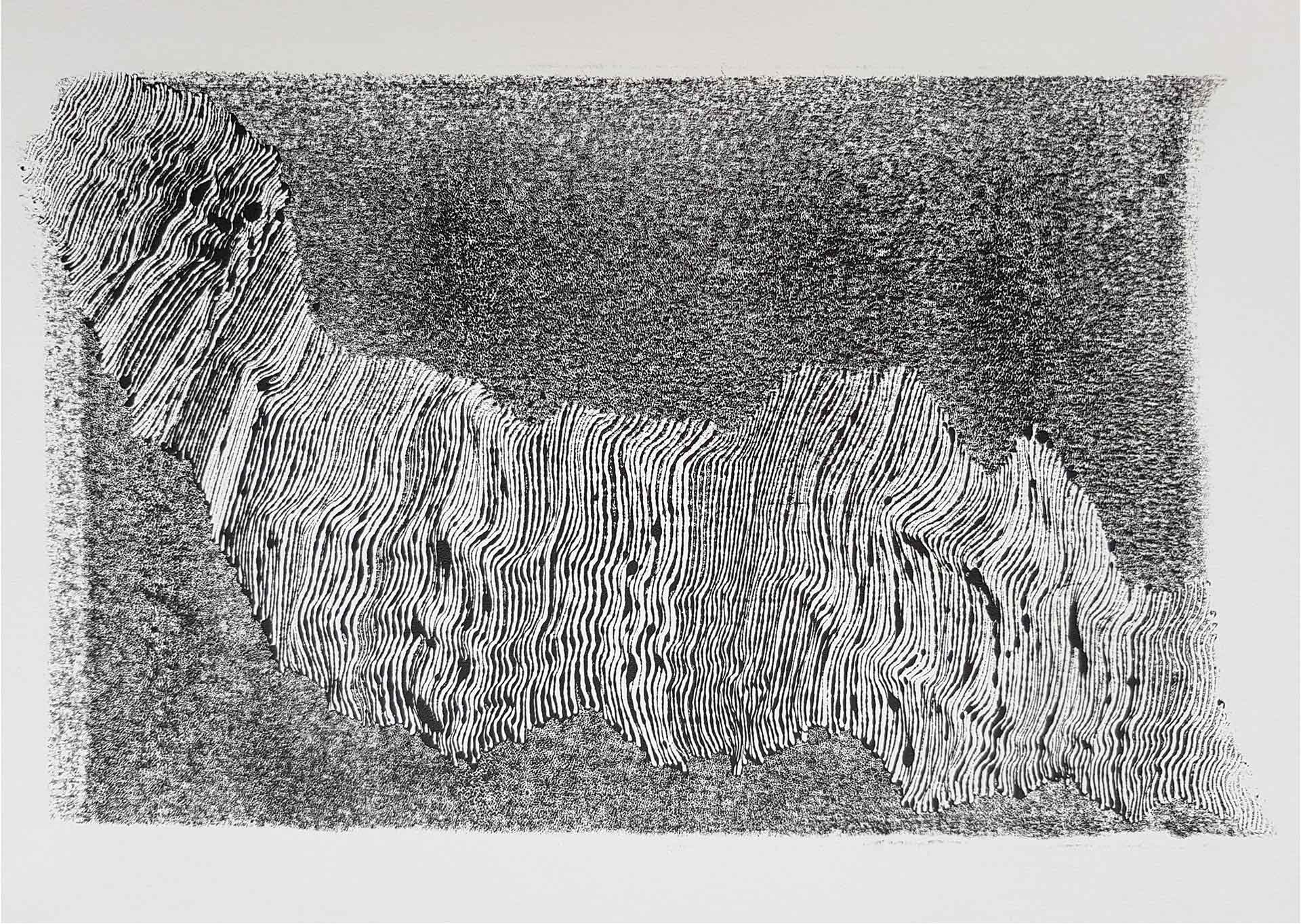 Lignes, oeuvre viviane rabaud, encre, estampe, lignes noires sur fond blanc