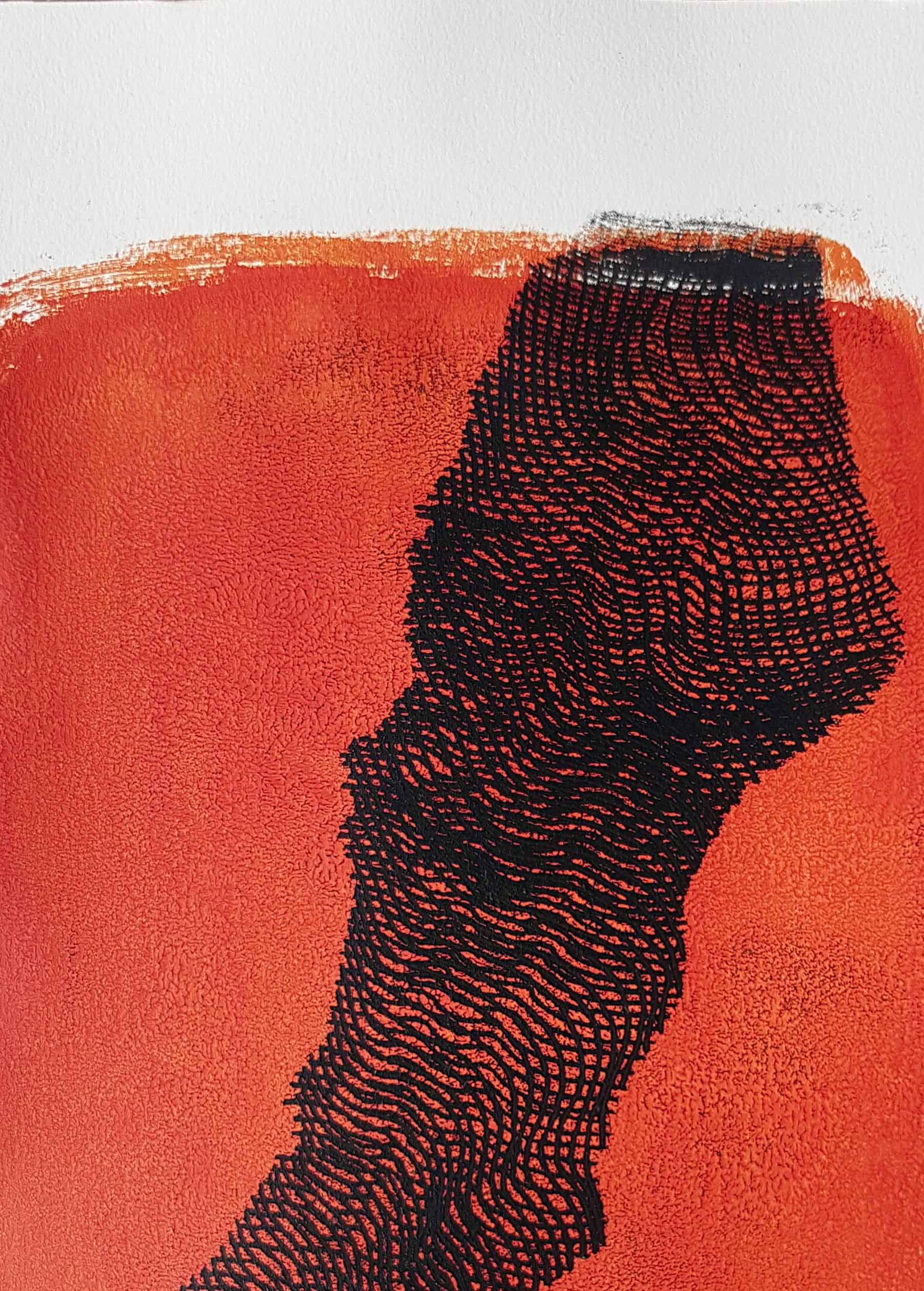 Lignes, oeuvre viviane rabaud, encre, estampe, lignes noires sur fond orange et blanc