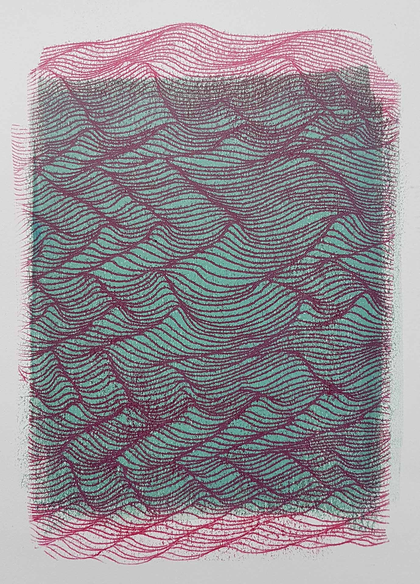 Lignes bleues, formes de vagues rouges, sur fond jaune, oeuvre viviane rabaud, estampe