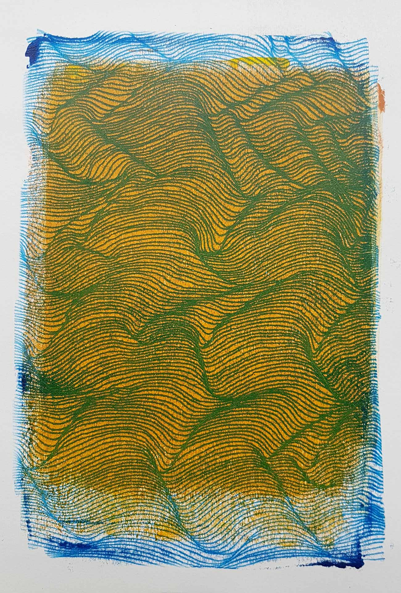 Lignes bleues, formes de vagues bleu, sur fond jaune, oeuvre viviane rabaud, estampe