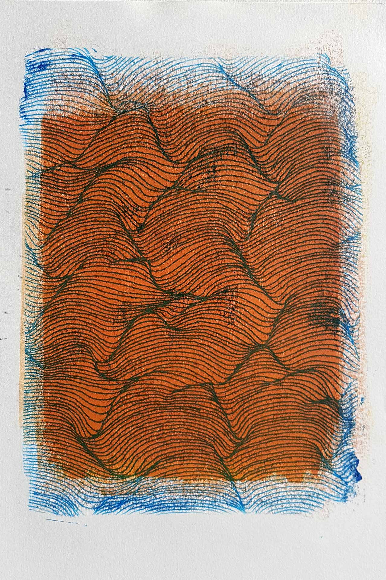 Lignes bleues, formes de vagues bleu, sur fond orange, oeuvre viviane rabaud, estampe