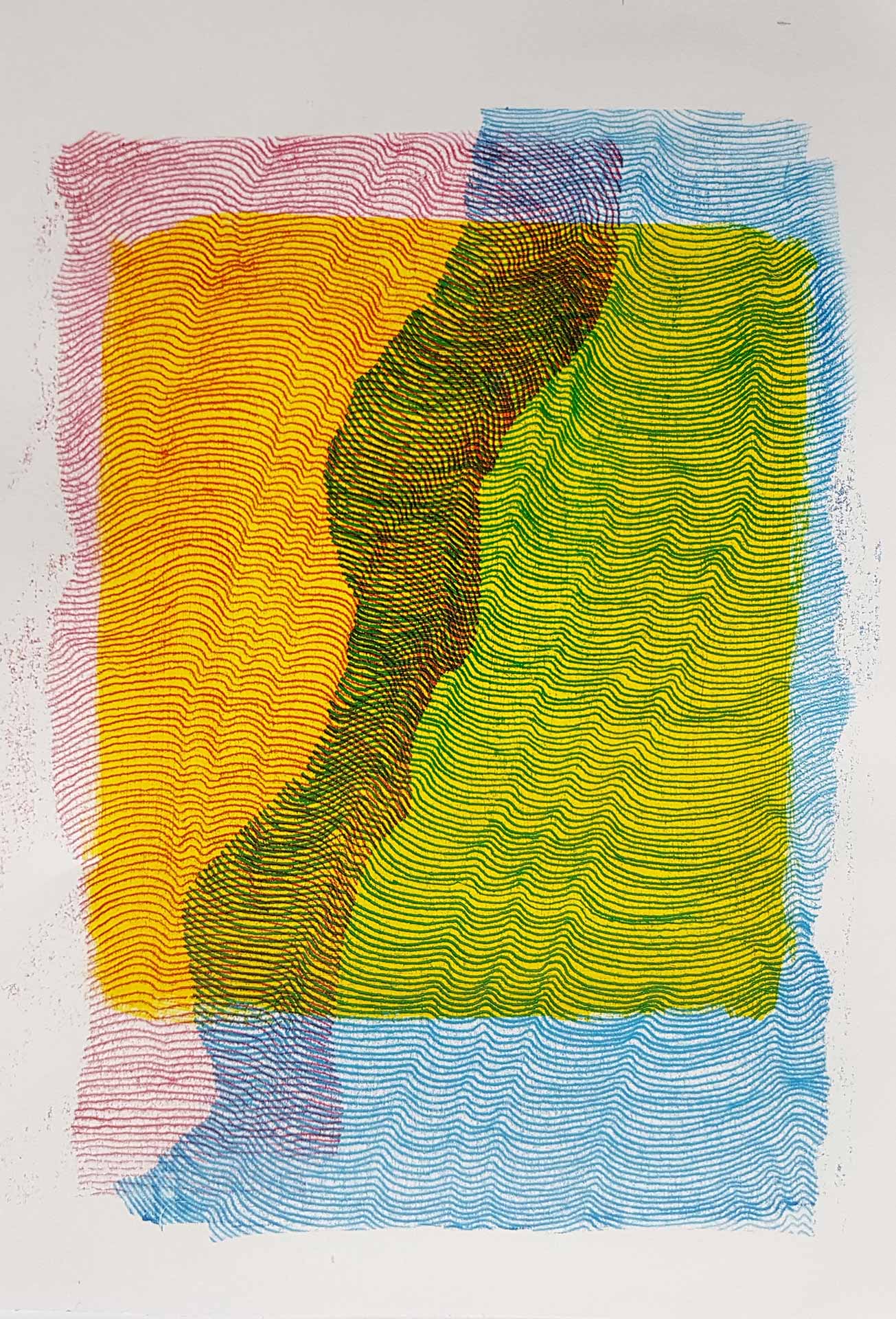 croisement en diagonale de lignes bleues et de lignes rouges, sur fond jaune et bleu, oeuvre viviane rabaud, estampe