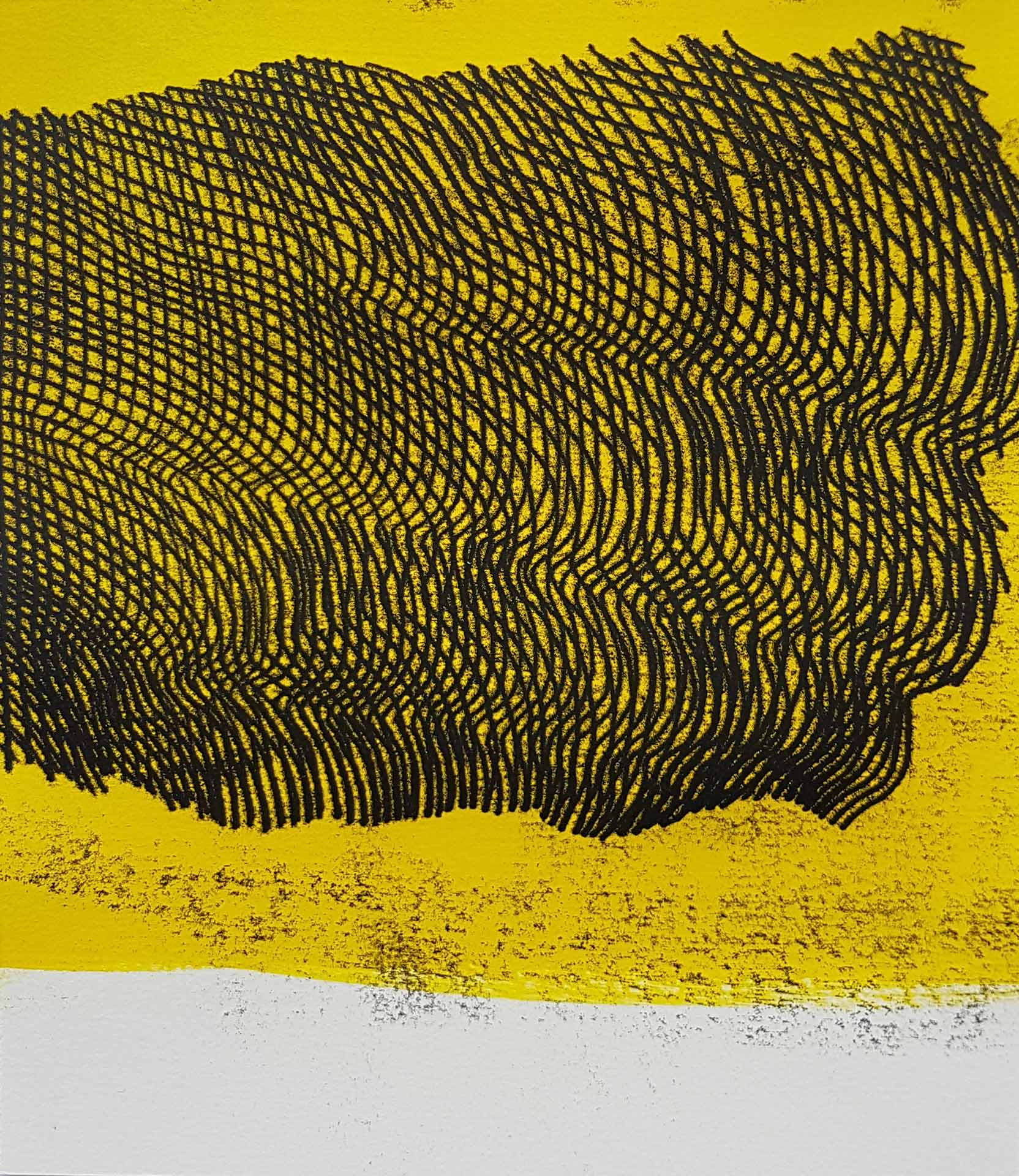 Lignes, oeuvre viviane rabaud, encre, estampe, lignes noires sur fond jaune