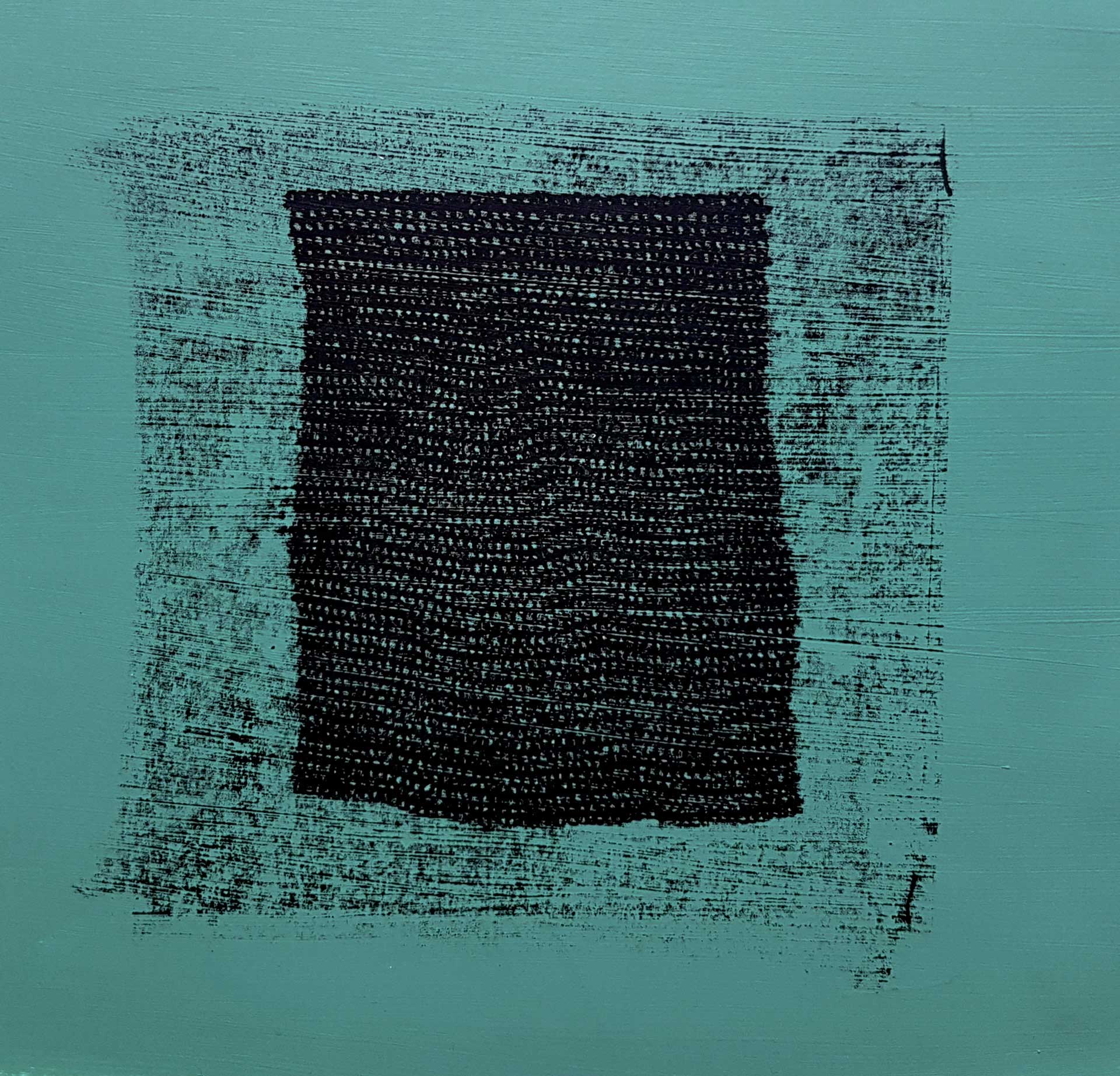 Lignes, oeuvre viviane rabaud, encre, estampe, boucles noires sur fond bleu-vert
