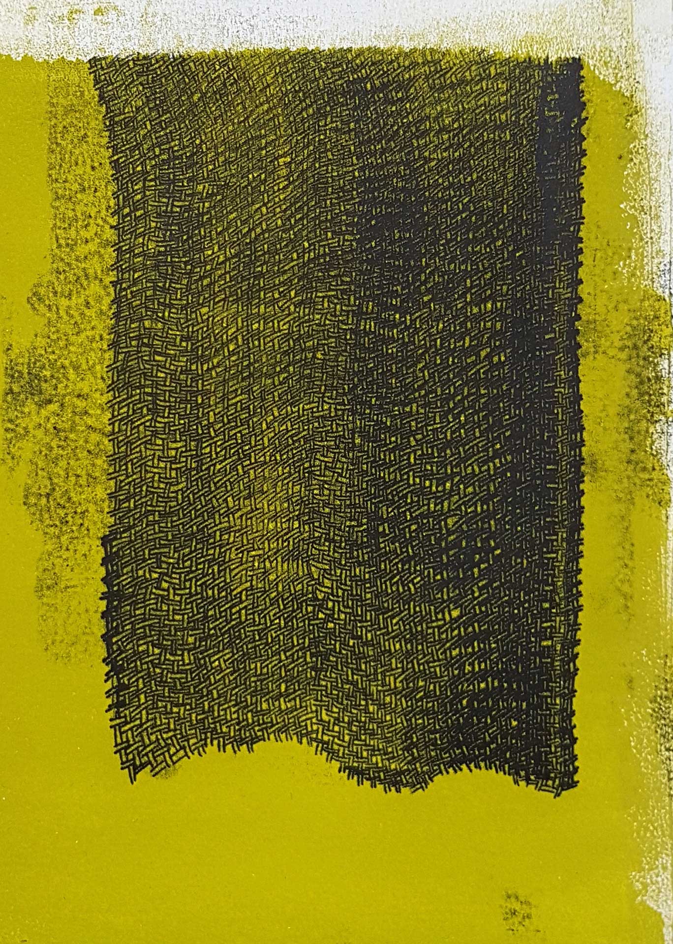 Lignes, oeuvre viviane rabaud, encre, estampe, lignes entrecroisées noires sur fond vert et blanc
