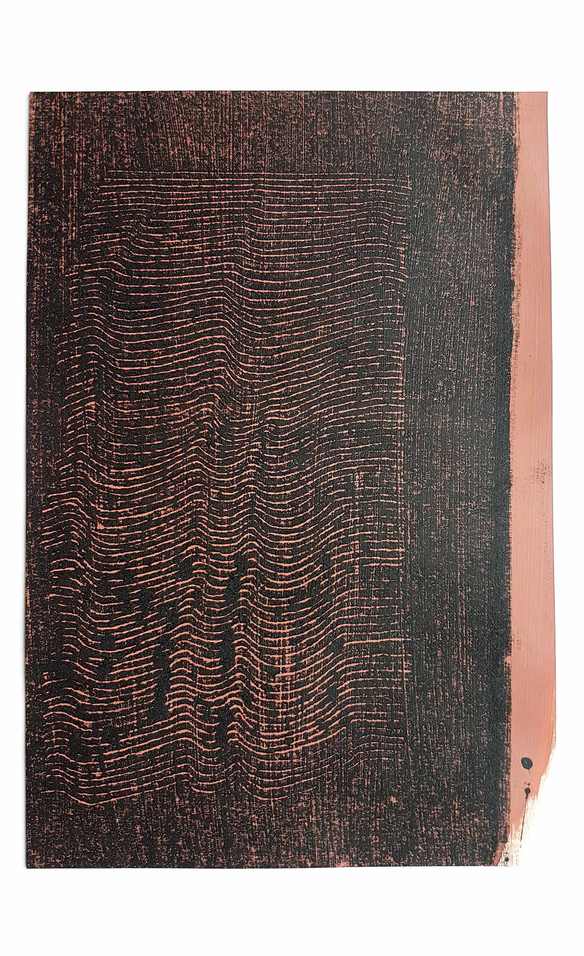 Lignes, oeuvre viviane rabaud, encre, estampe, lignes noires sur fond marron et blanc
