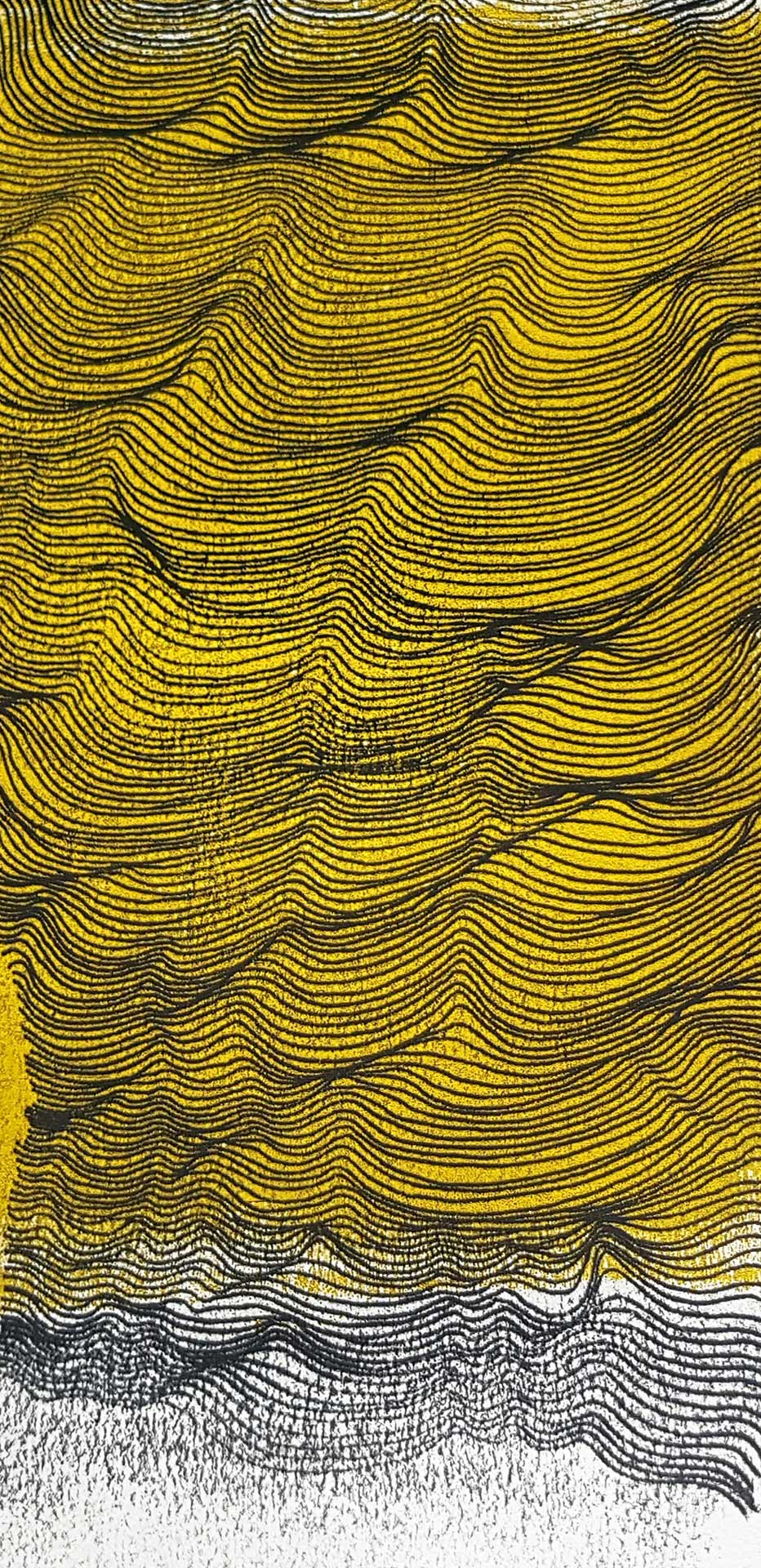 Lignes, oeuvre viviane rabaud, encre, estampe, lignes noires sur fond jaune et blanc