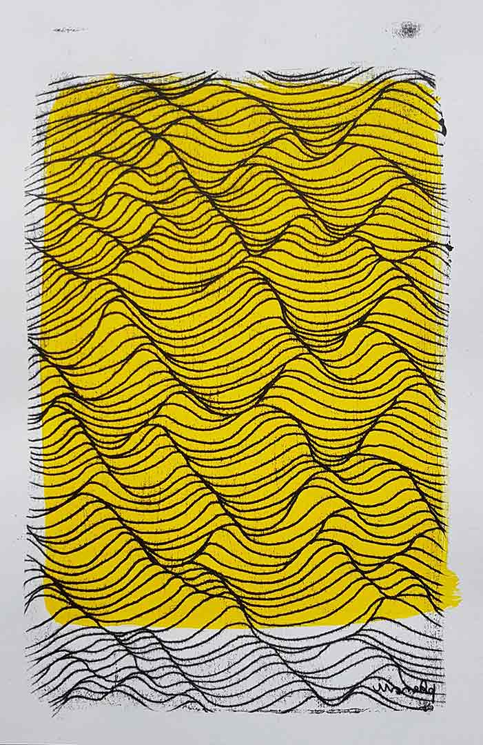 Lignes, oeuvre viviane rabaud, encre, estampe, lignes noires sur fond jaune