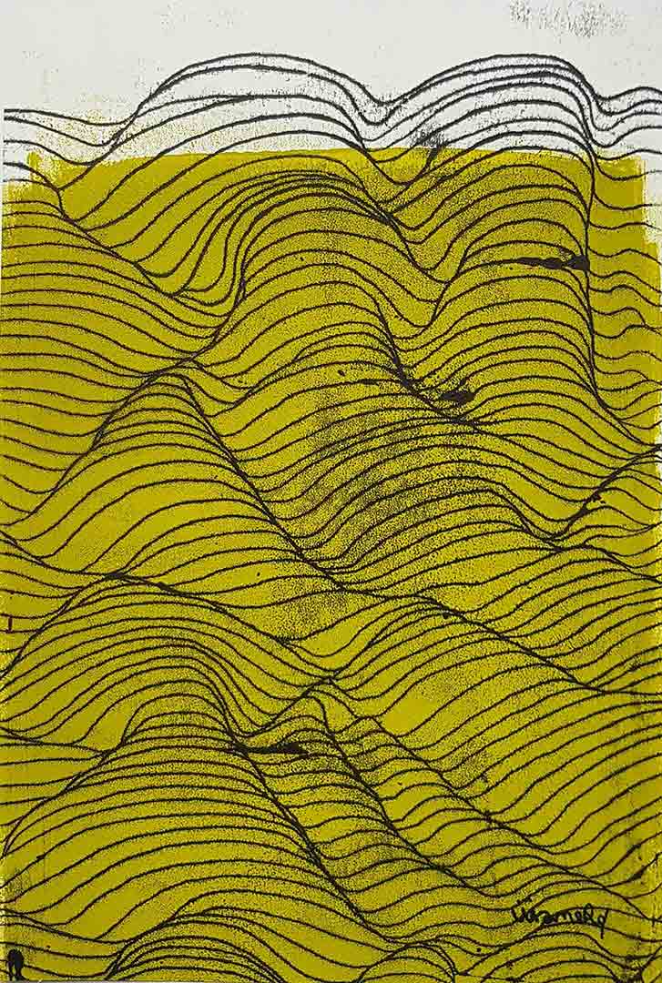 Lignes, oeuvre viviane rabaud, encre, estampe, lignes noires sur fond vert