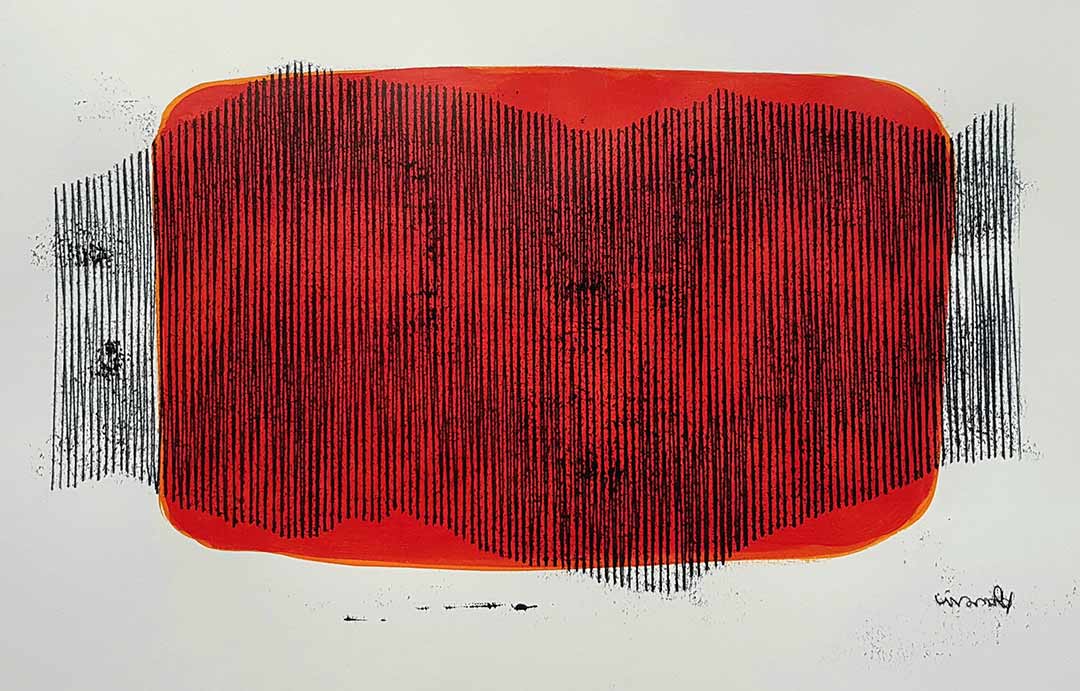 Lignes, oeuvre viviane rabaud, encre, estampe, lignes noires sur fond rouge