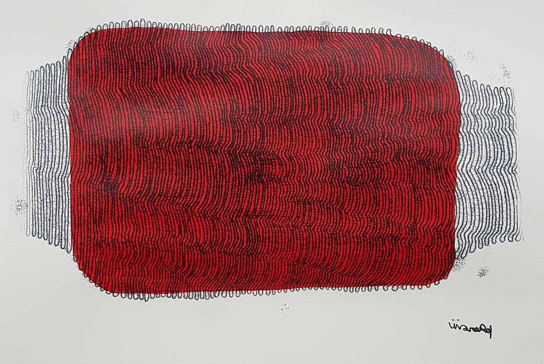 Lignes, oeuvre viviane rabaud, encre, estampe, lignes noires sur fond rouge