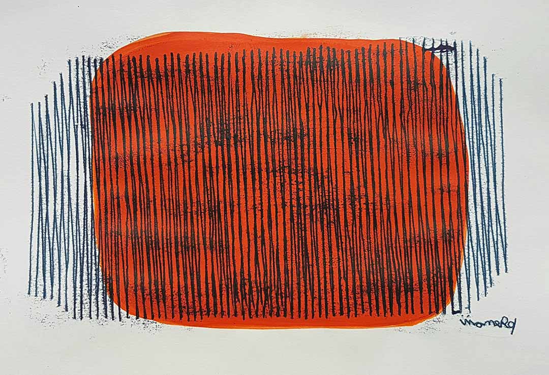 viviane-rabaud-estampe-34-oeuvre Lignes, oeuvre viviane rabaud, encre, estampe, lignes noires sur fond orange