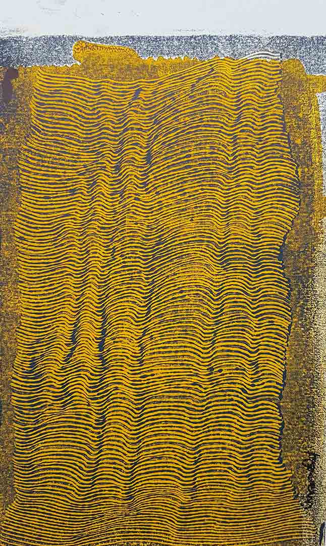 Lignes, oeuvre viviane rabaud, encre, estampe, lignes noires sur fond jaune