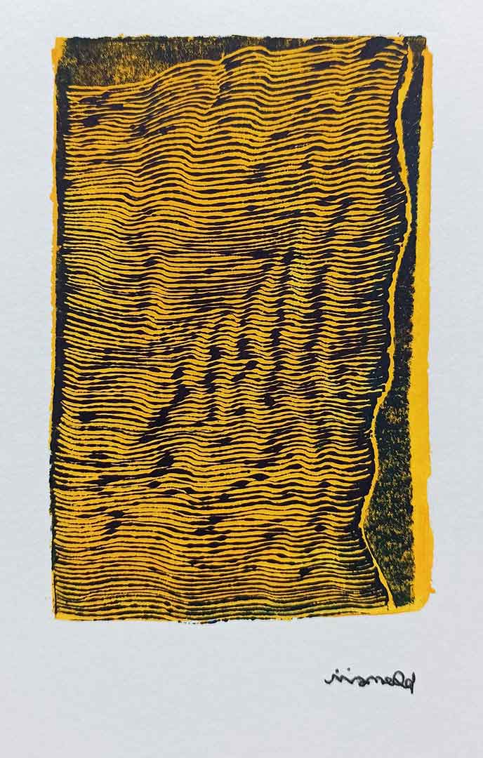 Lignes, oeuvre viviane rabaud, encre, estampe, lignes noires sur fond jaune