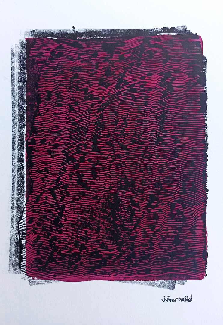 Lignes, oeuvre viviane rabaud, encre, estampe, lignes noires sur fond rose