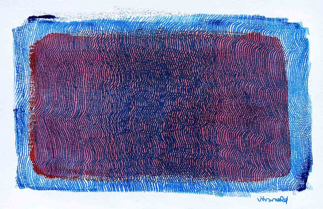 viviane-rabaud-estampe-42-oeuvre Lignes, oeuvre viviane rabaud, encre, estampe, rencontres de lignes bleues sur fond rouge