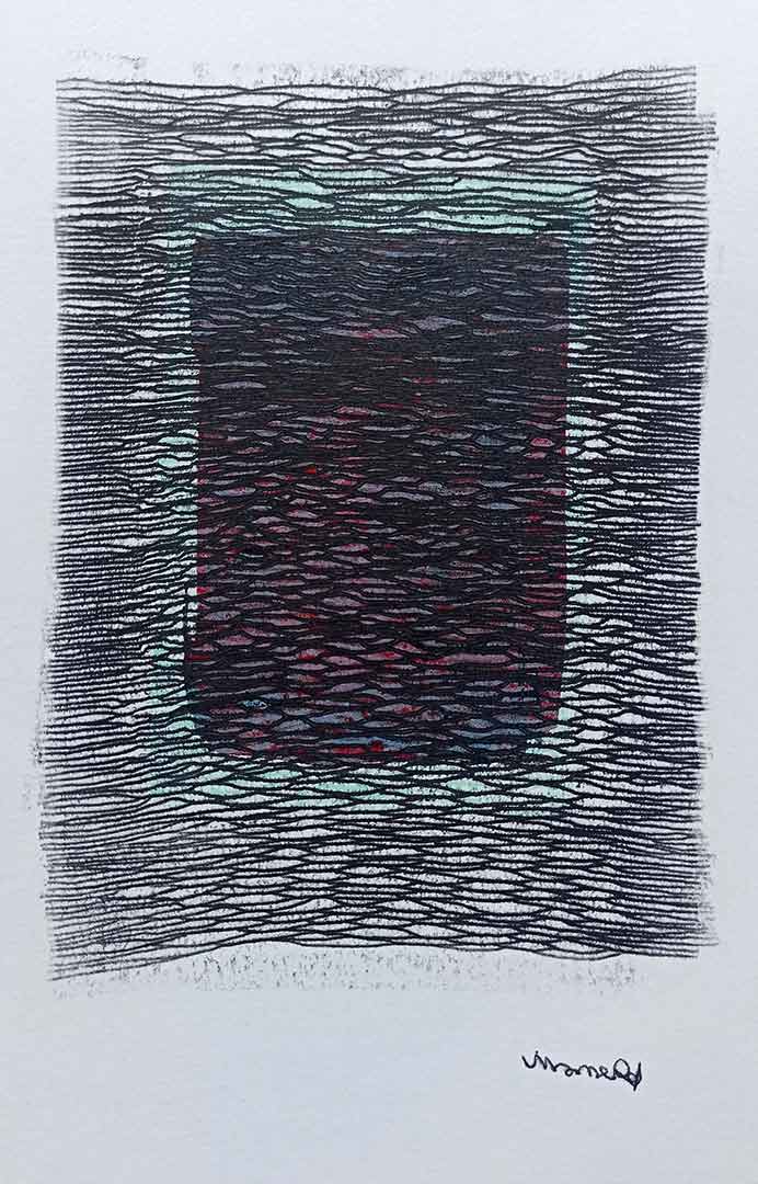 Lignes, oeuvre viviane rabaud, encre, estampe, lignes noires sur fond violet