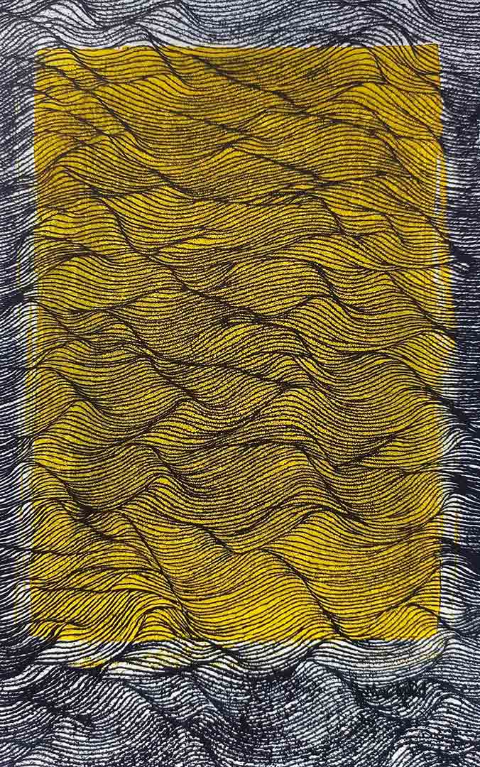 Lignes, oeuvre viviane rabaud, encre, estampe, lignes noires sur fond jaune