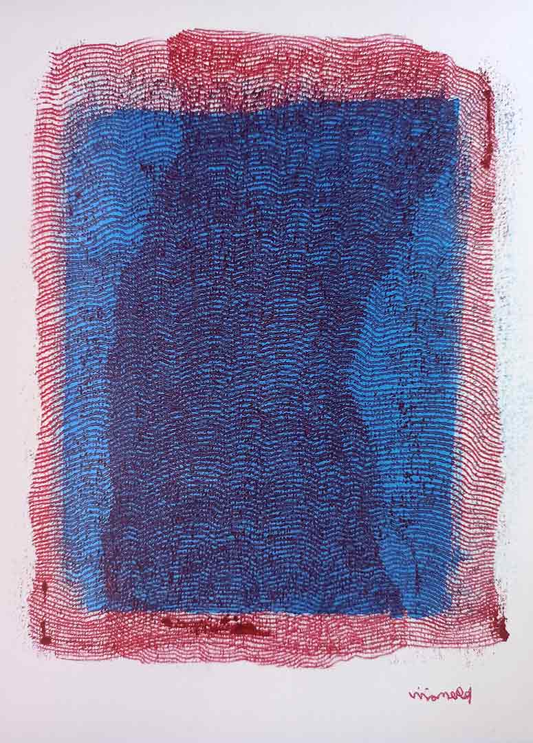 Lignes, oeuvre viviane rabaud, encre, estampe, superposition de lignes rouges sur fond bleu