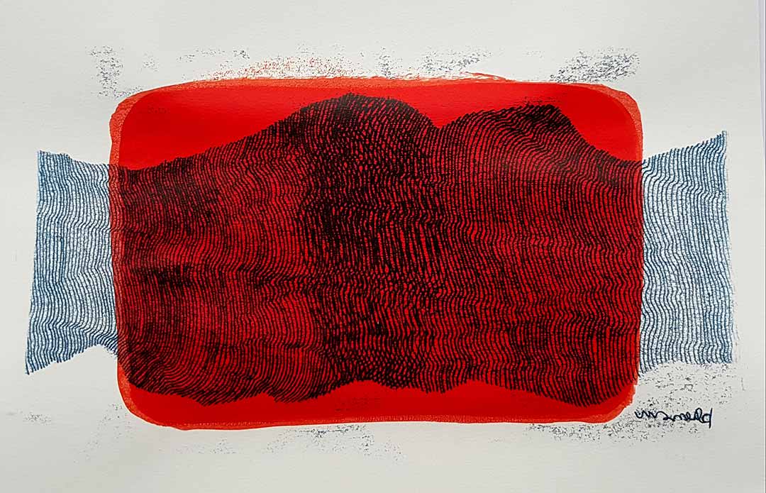 Lignes, oeuvre viviane rabaud, encre, estampe, lignes noires sur fond rouge