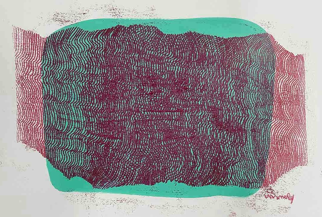 Lignes, oeuvre viviane rabaud, encre, estampe, croisement de lignes rouges sur fond vert