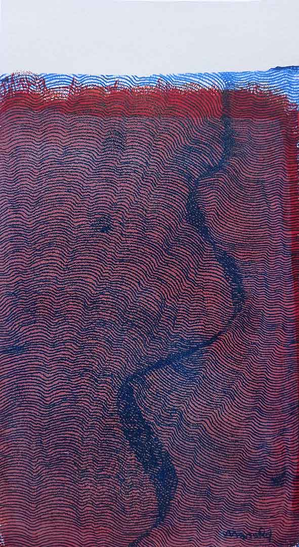 Lignes, oeuvre viviane rabaud, encre, estampe, croisement de lignes bleues sur fond rouge
