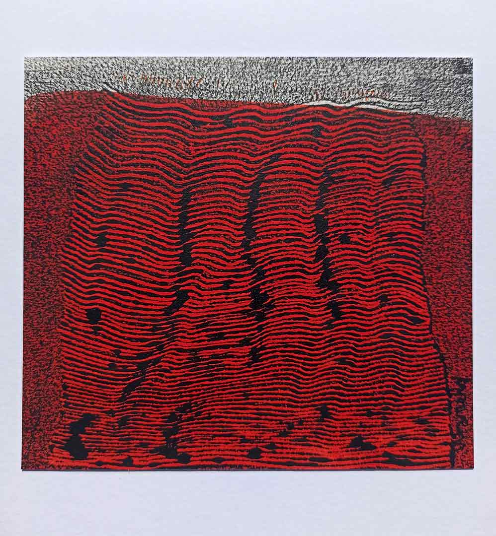 Lignes, oeuvre viviane rabaud, encre, estampe, lignes noires sur fond rouge