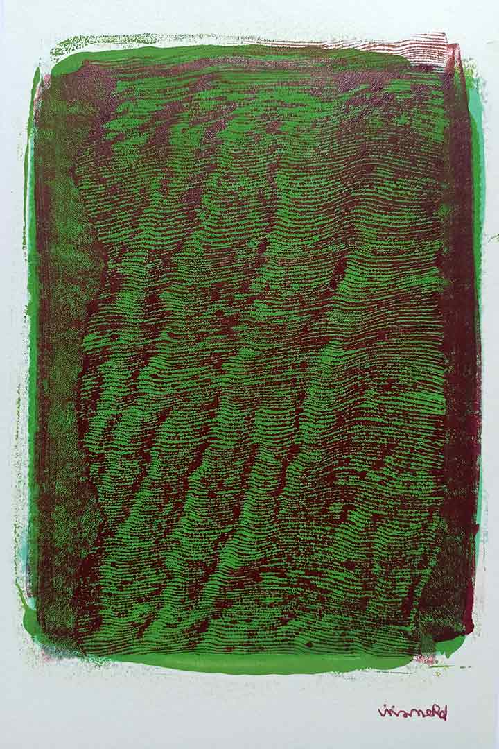 viviane-rabaud-estampe-53-oeuvre Lignes, oeuvre viviane rabaud, encre, estampe, lignes rouges sur fond vert