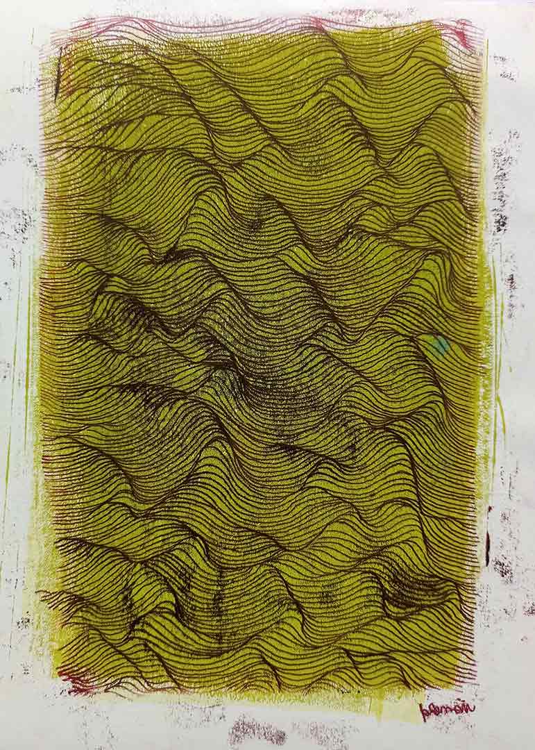 Lignes, oeuvre viviane rabaud, encre, estampe, lignes violettes sur fond vert