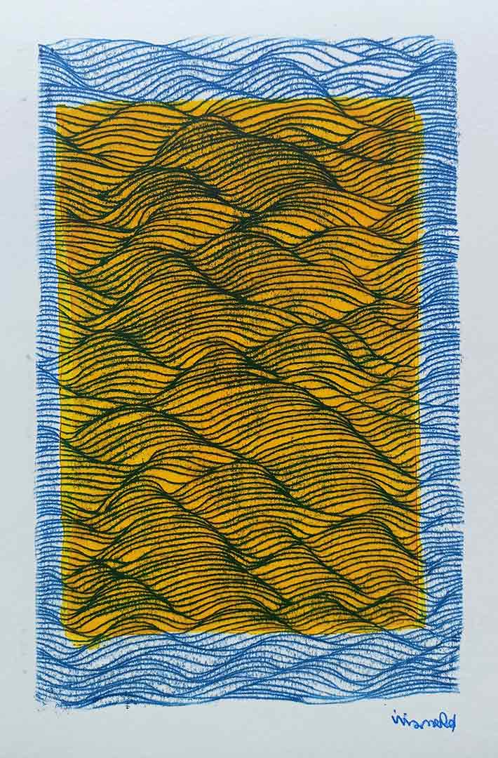 Lignes, oeuvre viviane rabaud, encre, estampe, lignes bleues sur fond jaune
