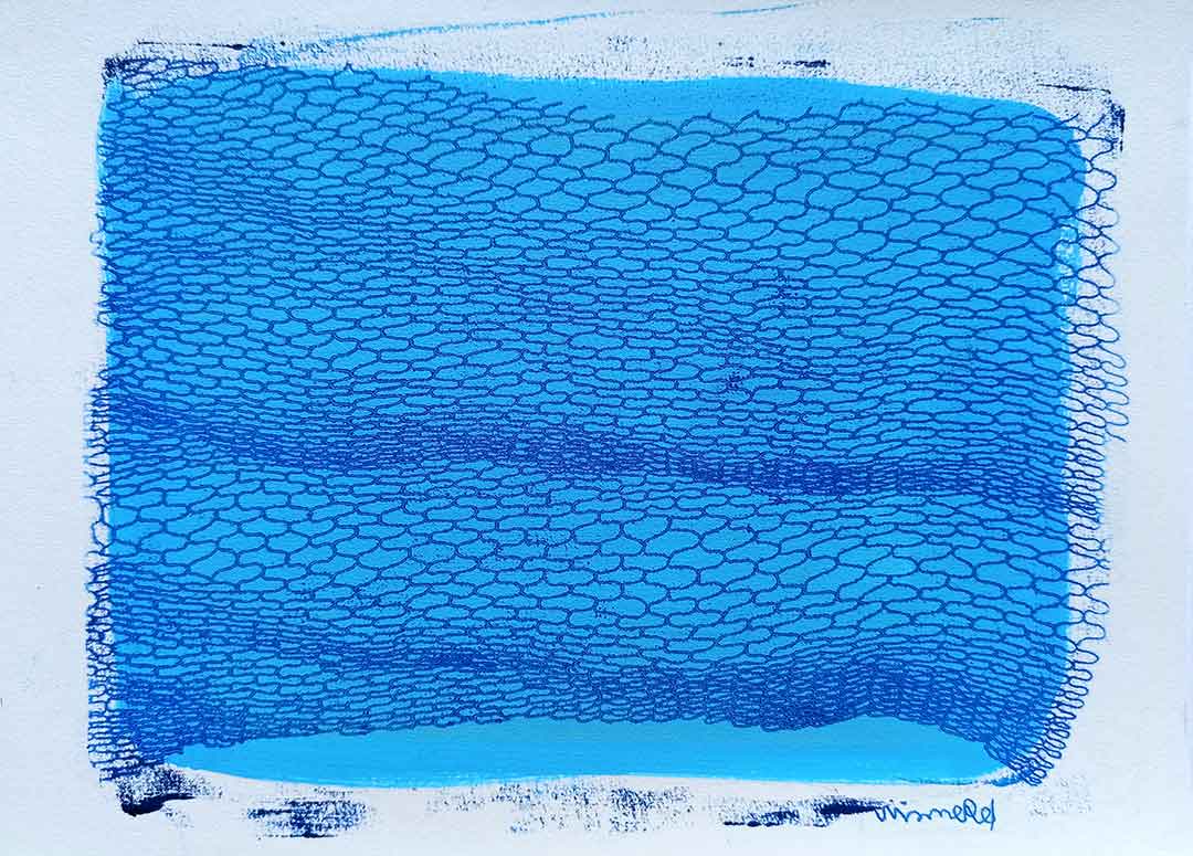 Lignes, oeuvre viviane rabaud, encre, estampe, lignes bleues sur fond bleu