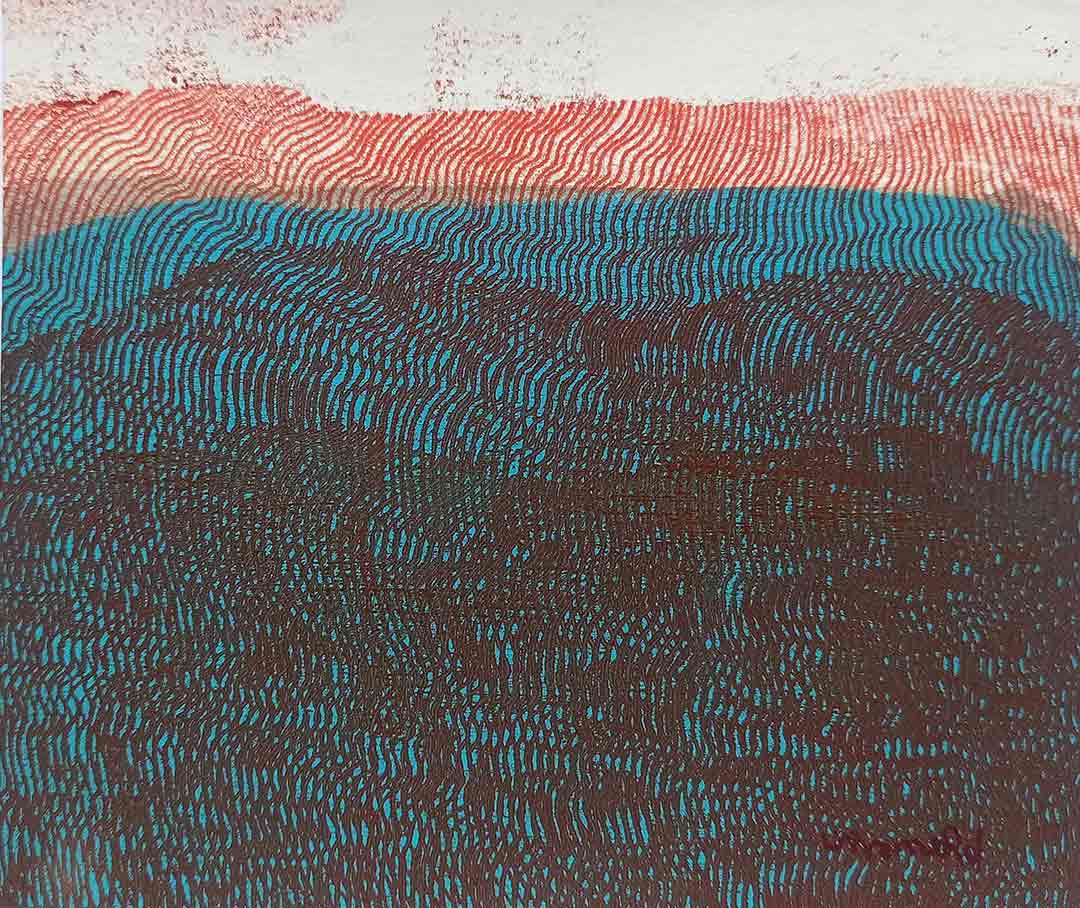 Lignes, oeuvre viviane rabaud, encre, estampe, lignes rouges sur fond bleu