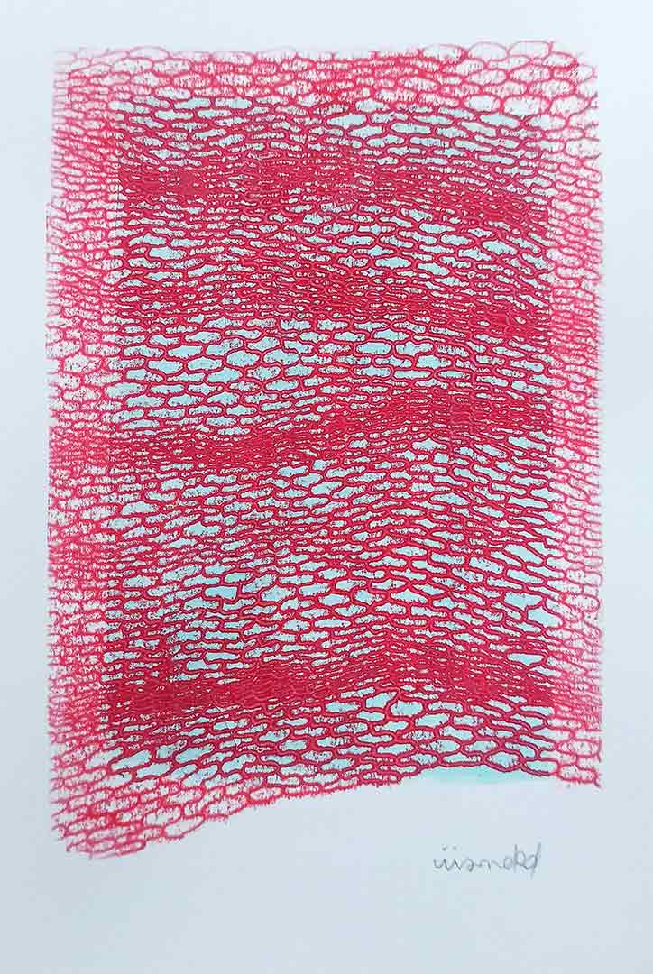 Lignes, oeuvre viviane rabaud, encre, estampe, lignes rouges sur fond bleu clair