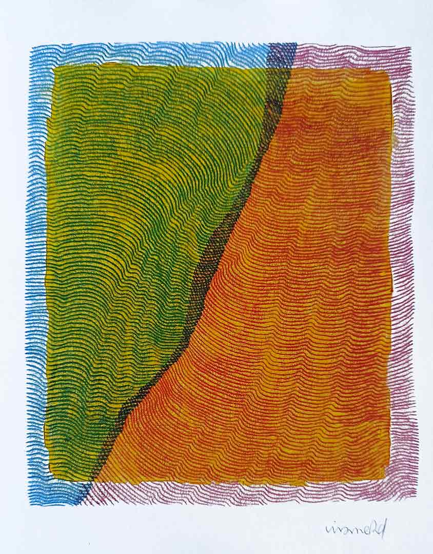 viviane-rabaud-estampe-63-oeuvre Lignes, oeuvre viviane rabaud, encre, estampe, croisements de lignes bleues et rouges sur fond jaune