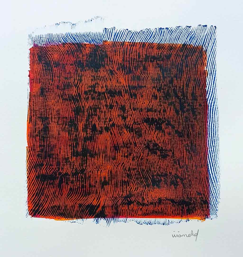 viviane-rabaud-estampe-70-oeuvre Lignes, oeuvre viviane rabaud, encre, estampe, lignes bleues sur fond orange