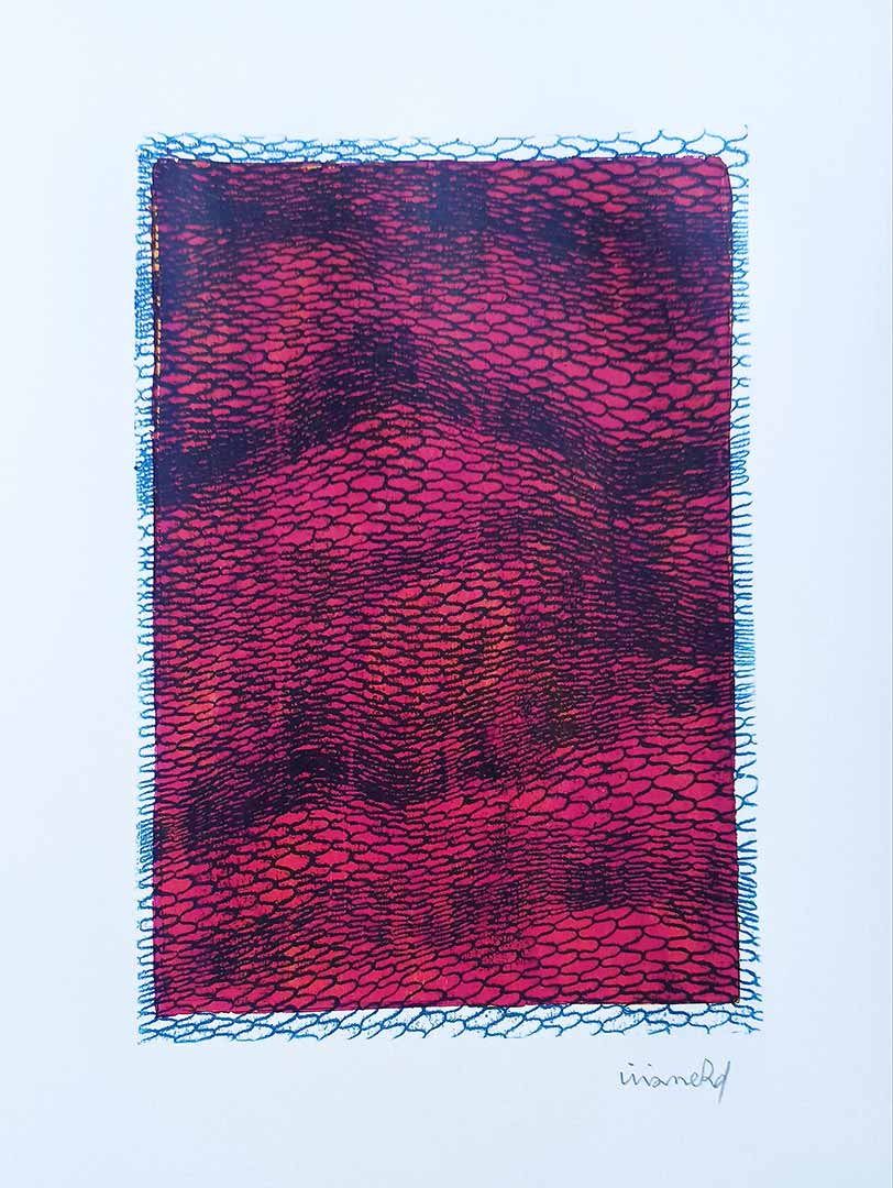 Lignes, oeuvre viviane rabaud, encre, estampe, lignes bleues sur fond rose
