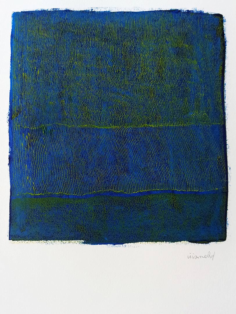 Lignes, oeuvre viviane rabaud, encre, estampe, lignes jaunes sur fond bleu